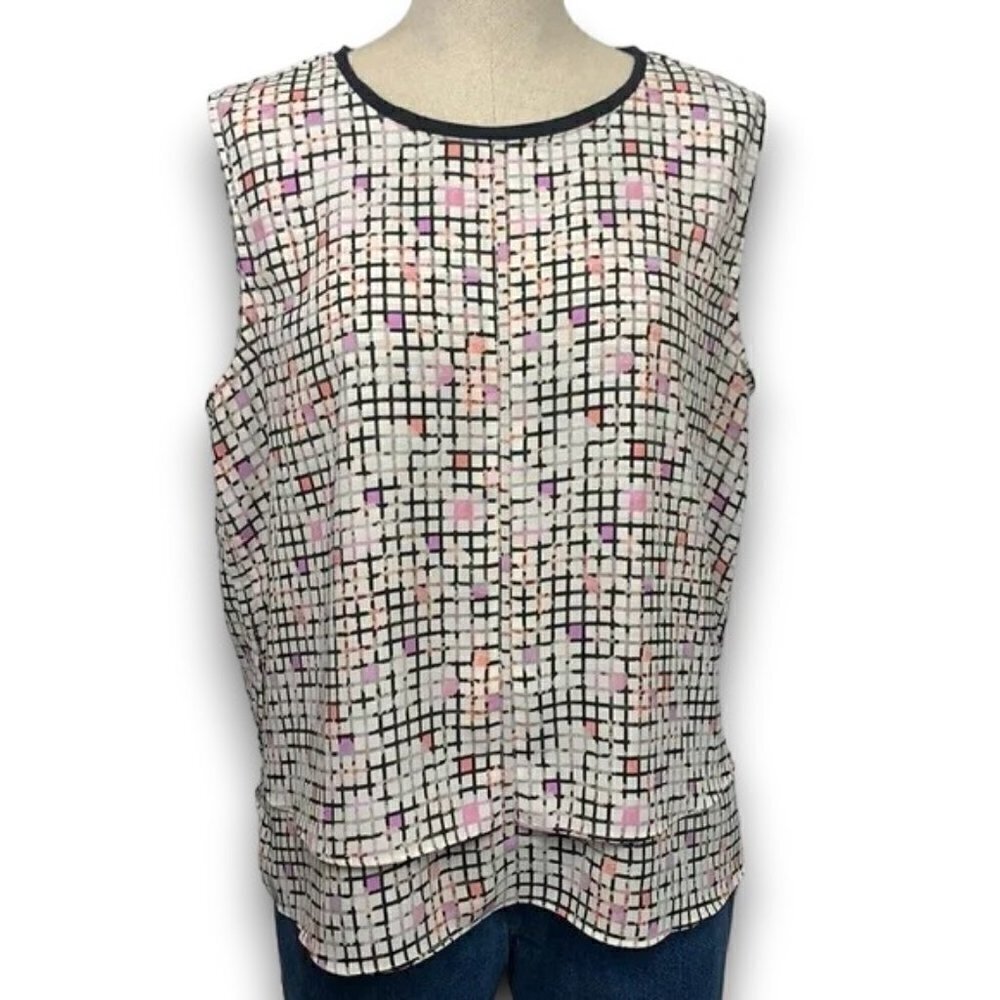 Metaphor Faux Layered Step Hem Tank Top-Black/Pink/Purple Checks, Sz XL